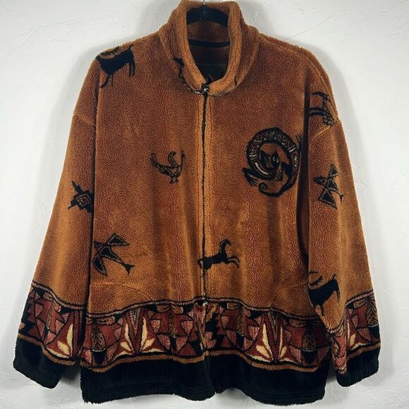 🔥 Vintage BEAR RIDGE Sherpa Fleece Full Zip Jacket Aztec Native American Print - Picture 1 of 10